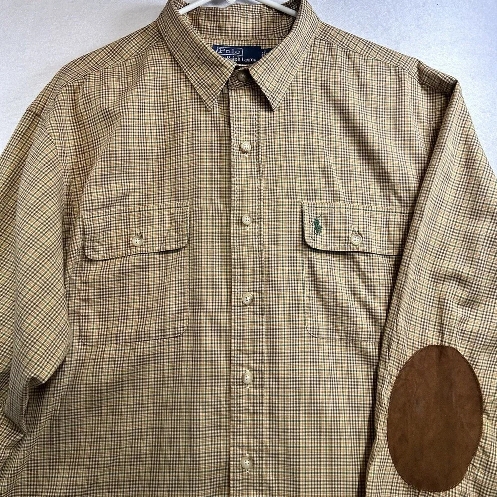 Polo By Ralph Lauren Suede Patch Long Sleeves Button Down Shirt Size XXL